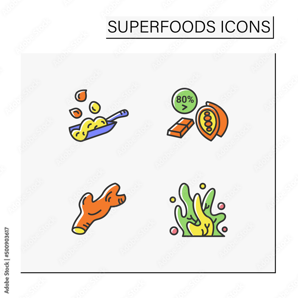 Fototapeta premium Superfoods color icons set. Ginger, seaweed, dark chocolate, quinoa. Vegetarian, organic, healthy nutrition. Detox and dietary supplements. Isolated vector illustrations