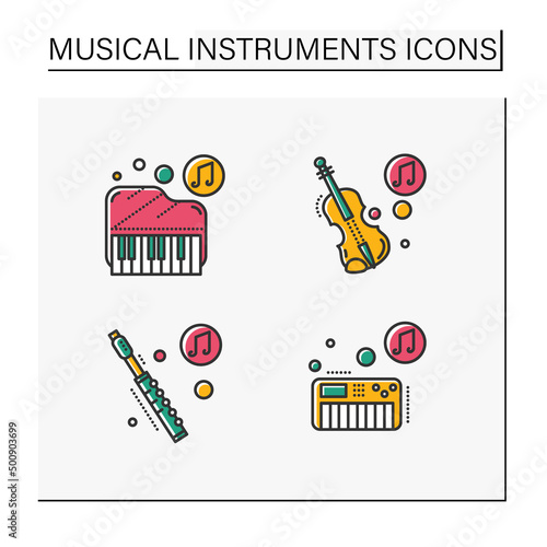 Musical instrument color icons set. Piano, violin, flute, synthesizer. Classical, ethnic and modern music. Music from different countries. Isolated vector illustrations