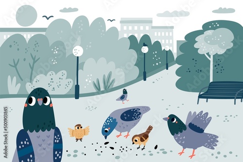 Pigeons in park. Cute street doves and sparrows pecking grain. City birds eating seeds. Urban bench, lanterns and trees. Feed feathered flying animals. Town parkland fauna. Vector concept photo