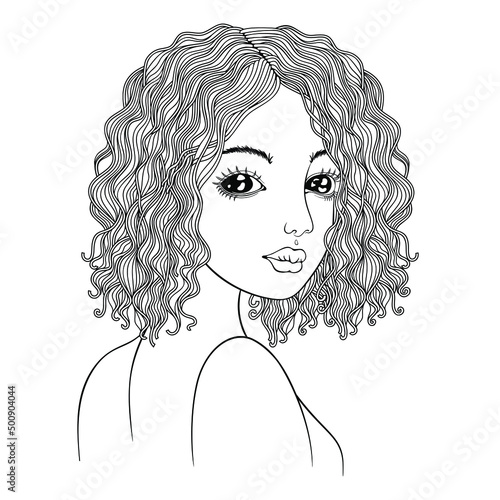 Doodle Portrait Young Lady with curly hair. Art Deco Front View Glamour Women.  Coloring book page for adult and children. Zentangle style, Crypto Icon, NFT template on Transparent 
Background.