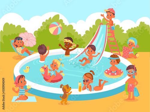 Pool party kids. Fun water game. Happy children with floating toys. Boys and girls ride swimming pond slide. Characters inflated circles and balls. Beach summer leisure. Vector concept