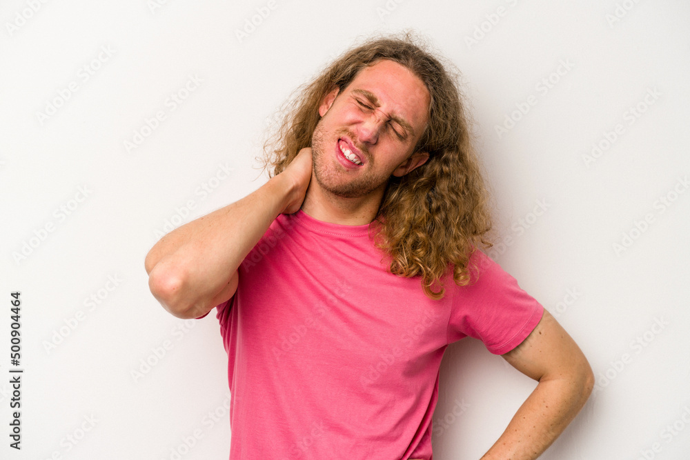 Young caucasian man isolated on white background suffering neck pain due to sedentary lifestyle. Young caucasian man isolated on white background suffering neck pain due to sedentary lifestyle.