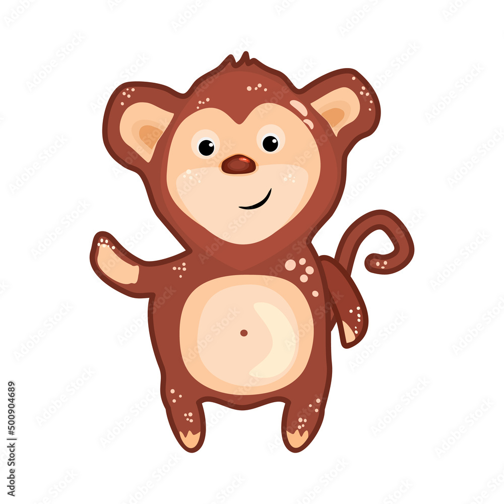 Monkey isolated on white background. Cute chimpanzee waving hand.Lovely cartoon monkey character sticker.Friendly little animal mascot standing.Jungle symbol chimp or macaque.Stock vector illustration Monkey isolated on white background. Cute chimpanzee waving hand.Lovely cartoon monkey character sticker.Friendly little animal mascot standing.Jungle symbol chimp or macaque.Stock vector illustration