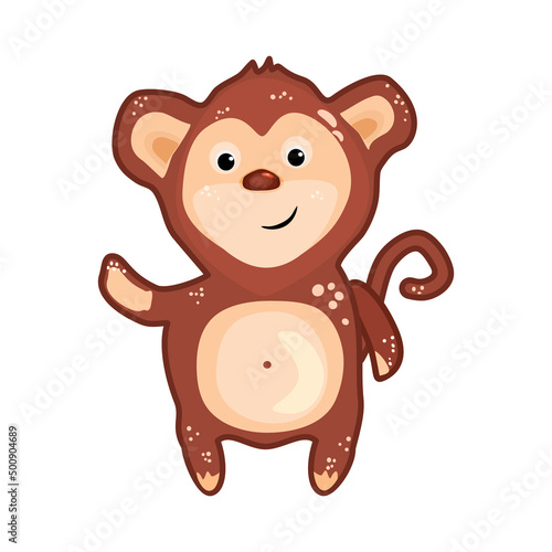 Monkey isolated on white background. Cute chimpanzee waving hand.Lovely cartoon monkey character sticker.Friendly little animal mascot standing.Jungle symbol chimp or macaque.Stock vector illustration