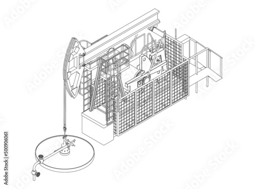 Outline of an oil pumping chair from black lines isolated on a white background. Isometric view. Vector illustration