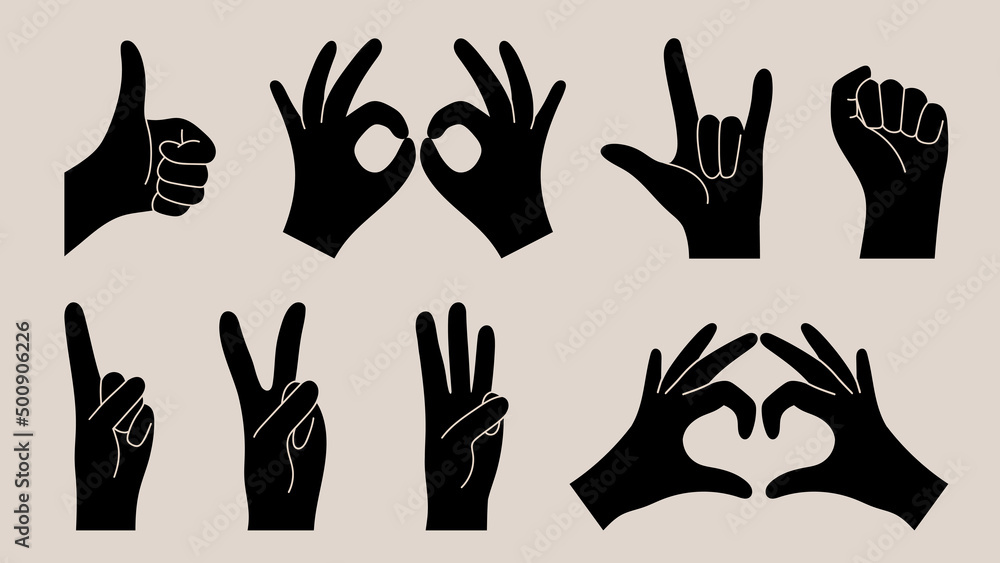Hand gestures, black silhouettes. Various hands, vector illustration. Hand gestures, black silhouettes. Various hands, vector illustration.