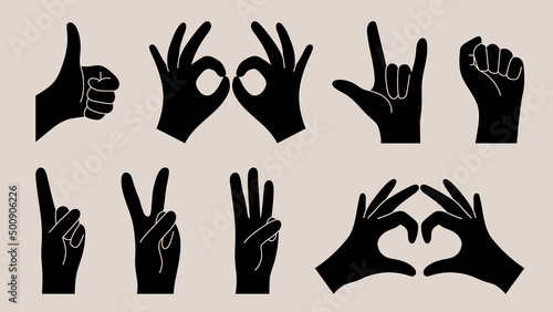 Hand gestures, black silhouettes. Various hands, vector illustration.