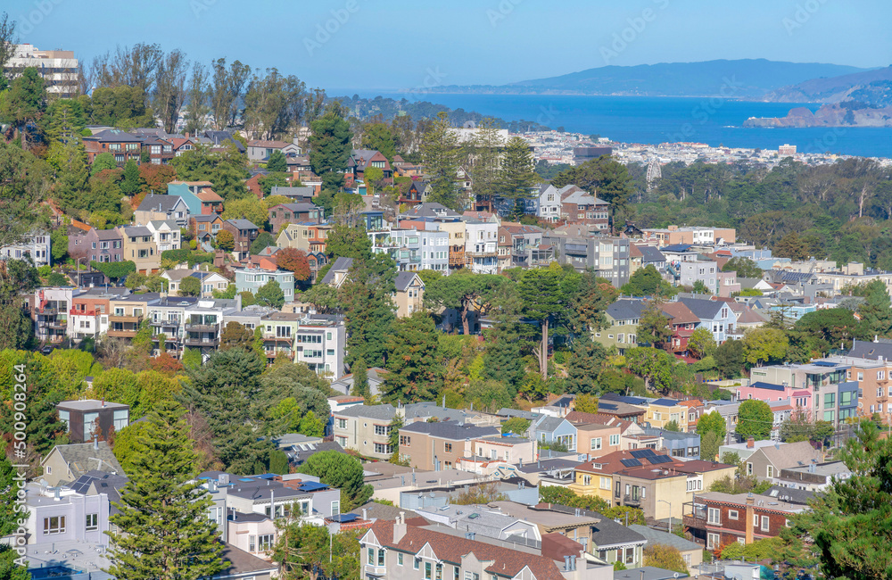 High angle view of a residential area on a slope with a view of the bay at San Francisco, California