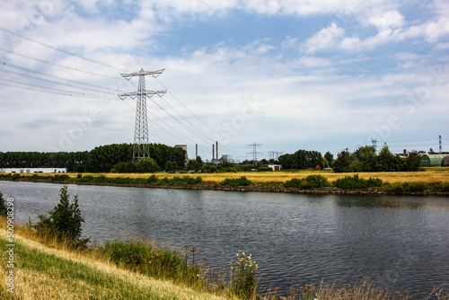 Energo in Europe  Netherland. Concept of green energy  high-voltage power lines.