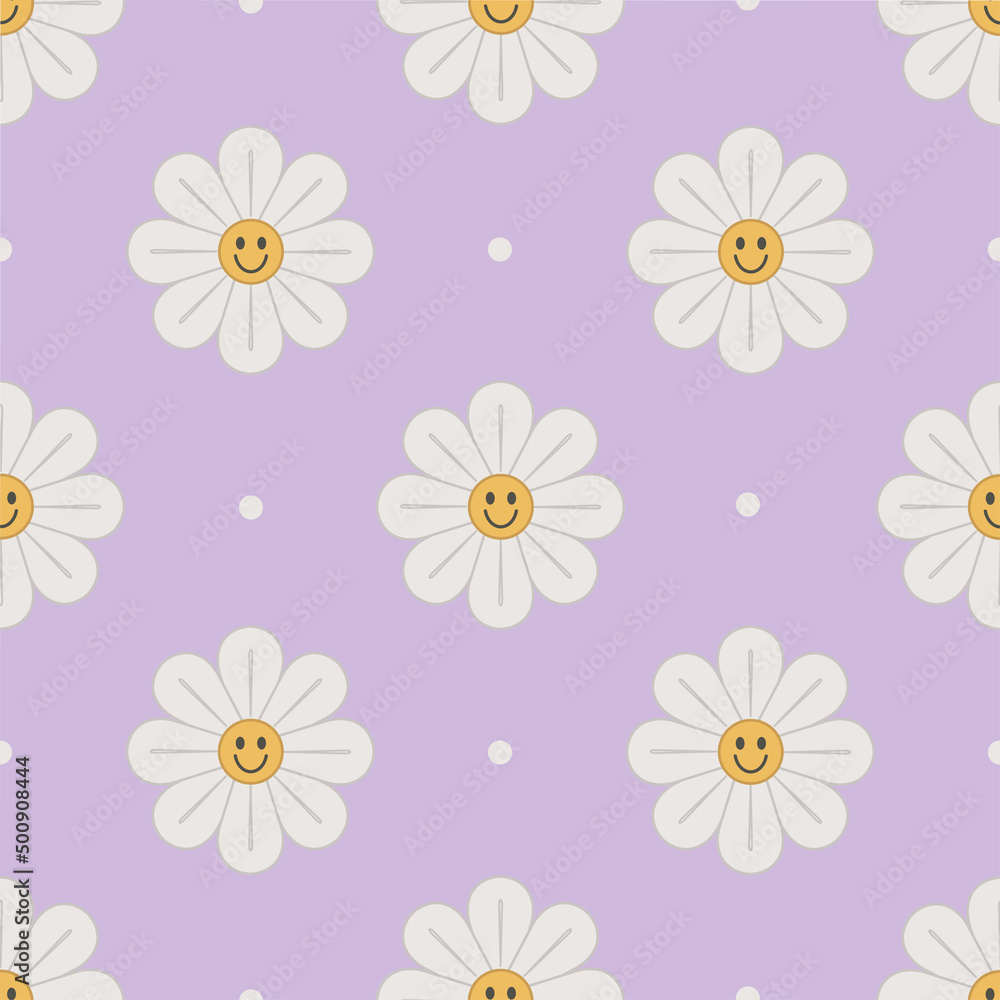 1970 Retro Smile Chamomile Seamless Pattern on Lavender Dot Background. Hippie Aesthetic. Hand-Drawn Vector Illustration, Flat Design. Kids Graphic Cover or Sticker.