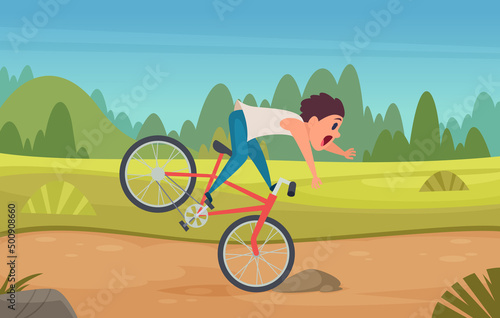 Falling from bike. Boy on street road accident on bike kids in dangerous shocked exact vector cartoon background in cartoon style