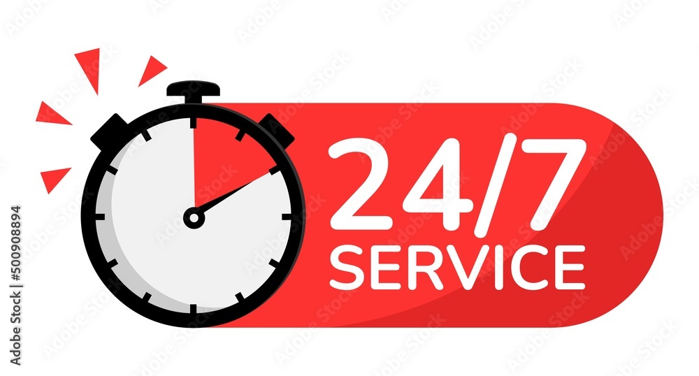 Vector Illustration 24 7 Service Icon. 24-7 open, concept with timer. Banner 24 hours a day open. - obrazy, fototapety, plakaty 