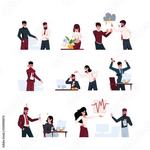 Angry business people. Conflict stressed conversation on workplace negative office communication garish vector colored persons