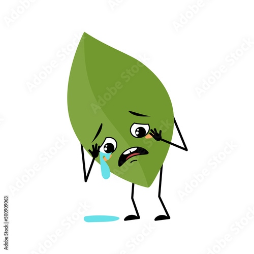 Leaf character with crying and tears emotion, sad face, depressive eyes, arms and legs. Person with melancholy expression, green plant emoticon. Vector flat illustration
