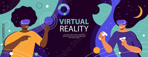 Metaverse digital virtual reality. Multicultural womens team working in VR headset and futuristic glasses. Outer space, planets and stars. Break The Science Bias. Colorful flat vector illustration.