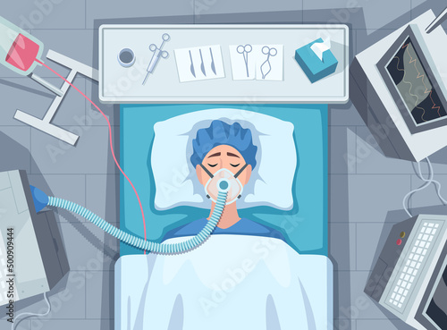 Patient in hospital. Medical treatment care for emergency life support ill persons exact vector cartoon background