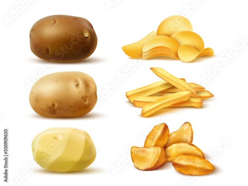 Realistic potato products. Vegetable meal. Chips and French fries. Rustic slices. Baked fast food. Whole tubers. Chopped starchy pieces. Cooking ingredient. Vector isolated objects set