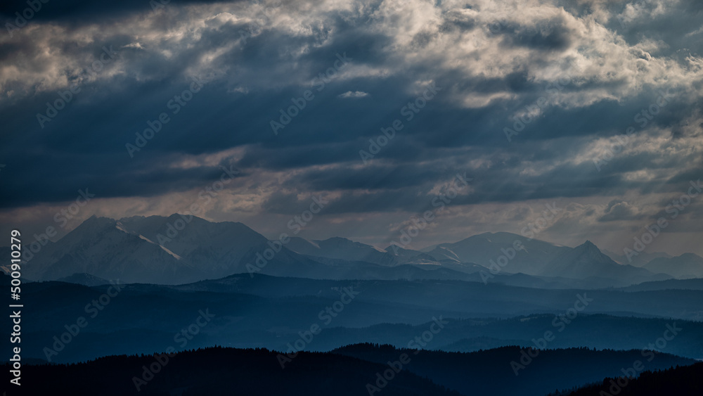 The Tatra Mountains seen from the Pieniny National Park, Slovakia.