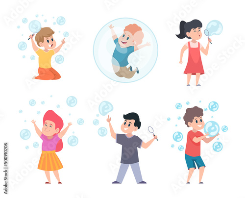 Kids with bubbles. Boys and girls blowing soap foam circle bubbles happy face children in action poses exact vector templates