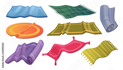Carpets rugs. Mats bedding large carpets wool crafted rag cozy exact vector cartoon illustrations