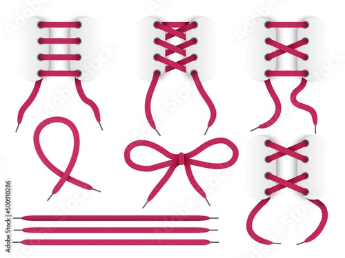 Realistic shoelace. Different lacing ways. Realistic boots ropes. Separate ribbons and bows with grommets. Isolated 3d strings. Cross or parallel variants. Vector footwear red cords set photo