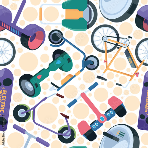 Eco transport pattern. Urban electro bykes monowheel gyro scooter garish vector colored seamless background