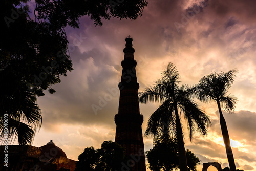 Qutub Minar Tower silhouette in New Delhi  India 