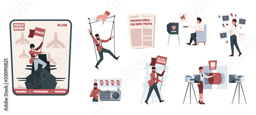 Human psychology manipulation. People violence suffering characters garish vector cartoon illustrations
