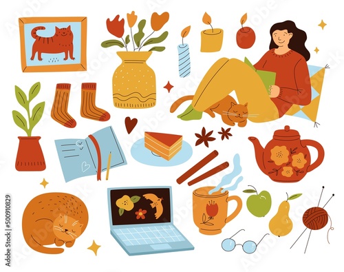 Relaxing home weekend. Lazy day off in house. Girl with cozy interior isolated objects. Calm warm atmosphere. Relaxed woman reads. Hot tea and cake. Sleeping cat. Vector hygge elements set