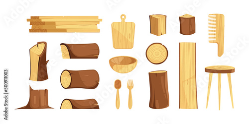 Wooden products. Furniture production from oak logs branches trees lumbers garish vector cartoon illustrations