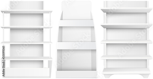 White empty supermarket retail store shelves isolated on white background vector illustration. Modern stylish wooden shelves furniture of high quality for books and decorations trade equipment