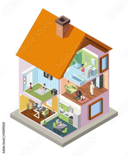 Building with neighbors. Multistory building various stages with people living rooms crossection garish vector house isometric