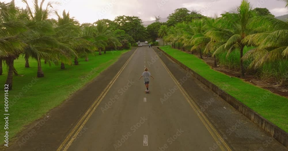 A teenager rides a longboard along a beautiful road with green palm trees A teenager rides a longboard along a beautiful road with green palm trees
