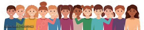 Group of children. Diverse elementary school children with different cultures and skin color. Vector illustration