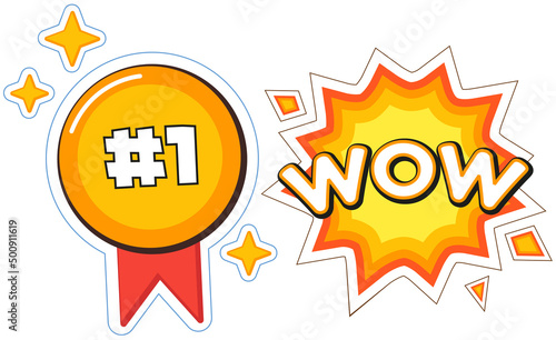 Prize for winner of competition and astonishment icon. Gold medal, award for first place. Word wow in form of explosion. Set of winning patch badges, colorful sticker pack vector illustration