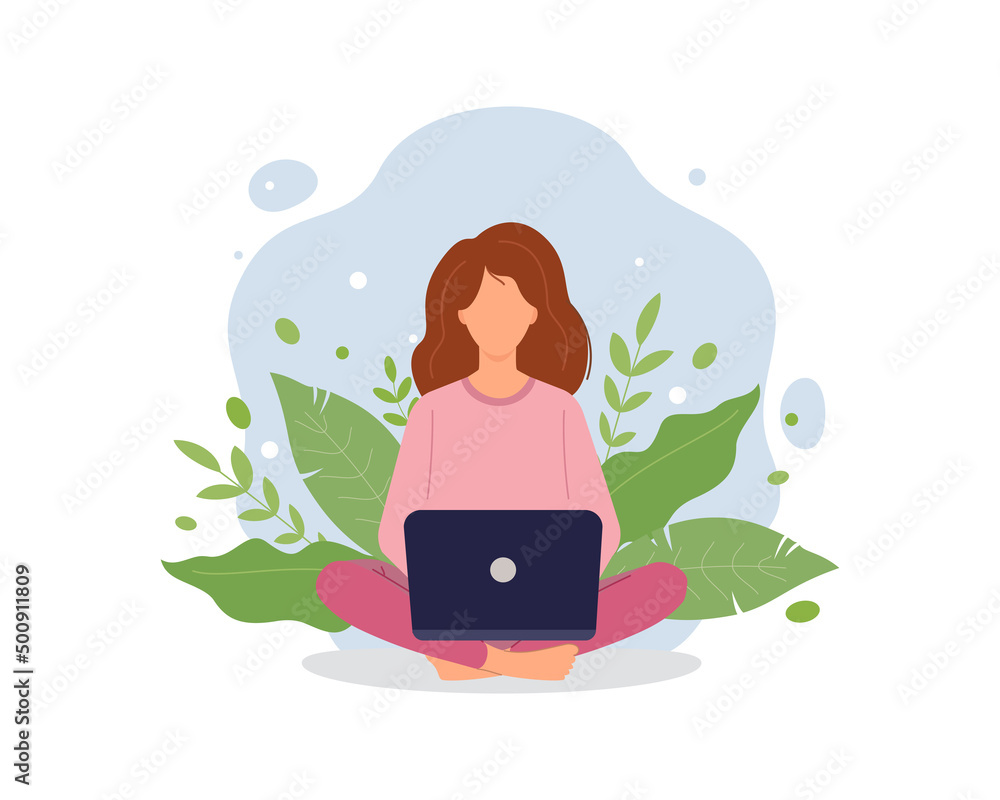 Woman with a laptop working at public park.Concept of freelance work, freelance, e-learning, online education, remote work. Vector illustration in flat style Woman with a laptop working at public park.Concept of freelance work, freelance, e-learning, online education, remote work. Vector illustration in flat style