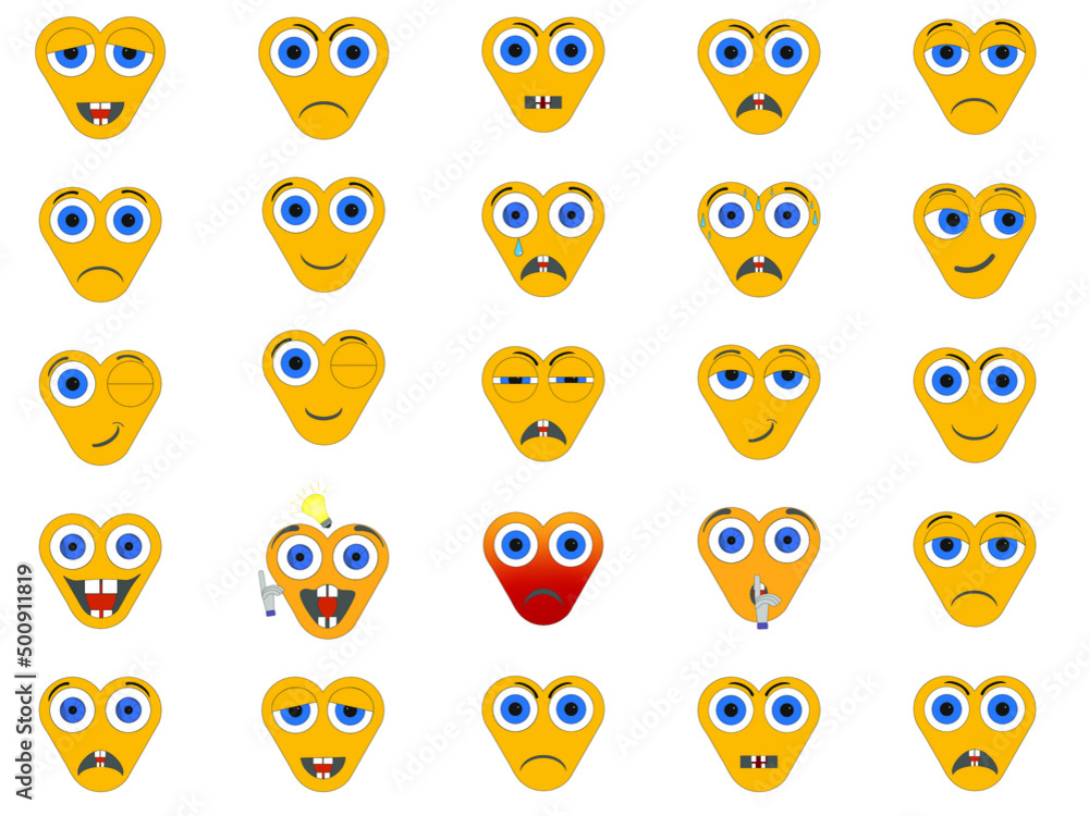 Grafika wektorowa przedstawiająca zestaw twarzy wyrażających różne emocje. Są to tak zwane emotikony.  - obrazy, fototapety, plakaty 