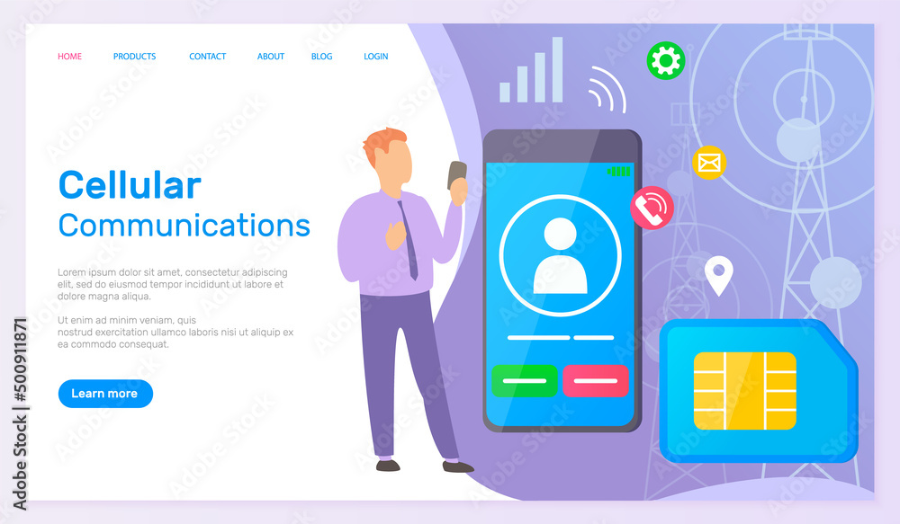 Cellular communication webpage concept of world global intercommunication with long distance. Mobile phone with icons sim card and businessman pointing on smartphone with incoming call sign Cellular communication webpage concept of world global intercommunication with long distance. Mobile phone with icons sim card and businessman pointing on smartphone with incoming call sign