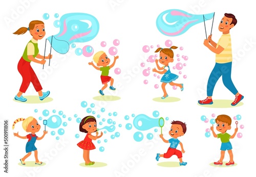 Soap bubbles show. Happy kids and parents blowing foam balls. Cute boys and girls activities. Adults and children play. Cartoon people characters. Soapy balloons. Vector joyful persons set