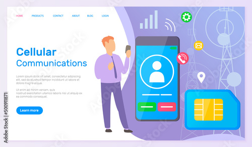 Cellular communication webpage concept of world global intercommunication with long distance. Mobile phone with icons sim card and businessman pointing on smartphone with incoming call sign