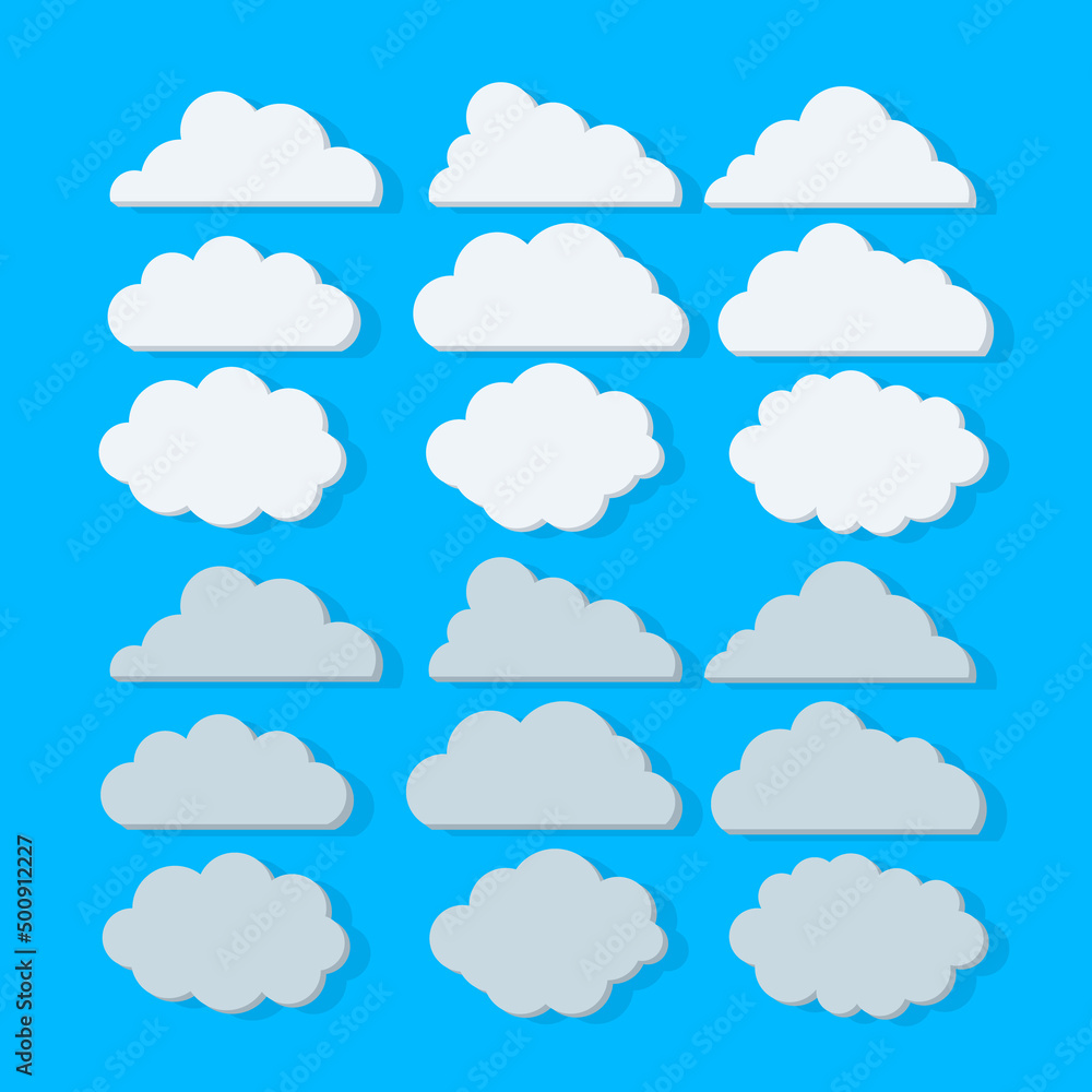 Flat white and grey rainy bubble clouds set Flat white and grey rainy bubble clouds set
