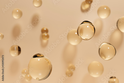 3d render of beautiful golden droplets of face serum for your beauty project photo