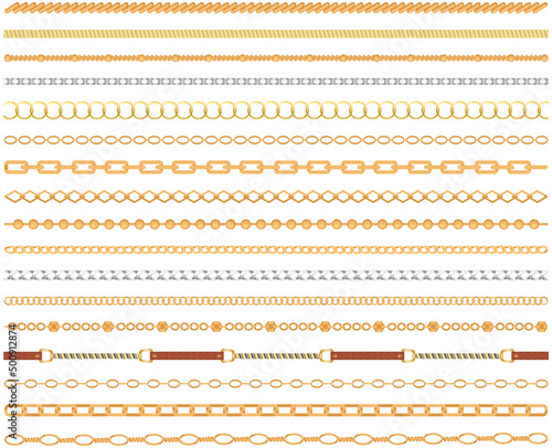 Metal chainlets with variety chain links. Gold, silver, stainless steel necklaces vector illustration isolated on white background. Jewelry from precious metals. For jewelry store ad, fashion concept