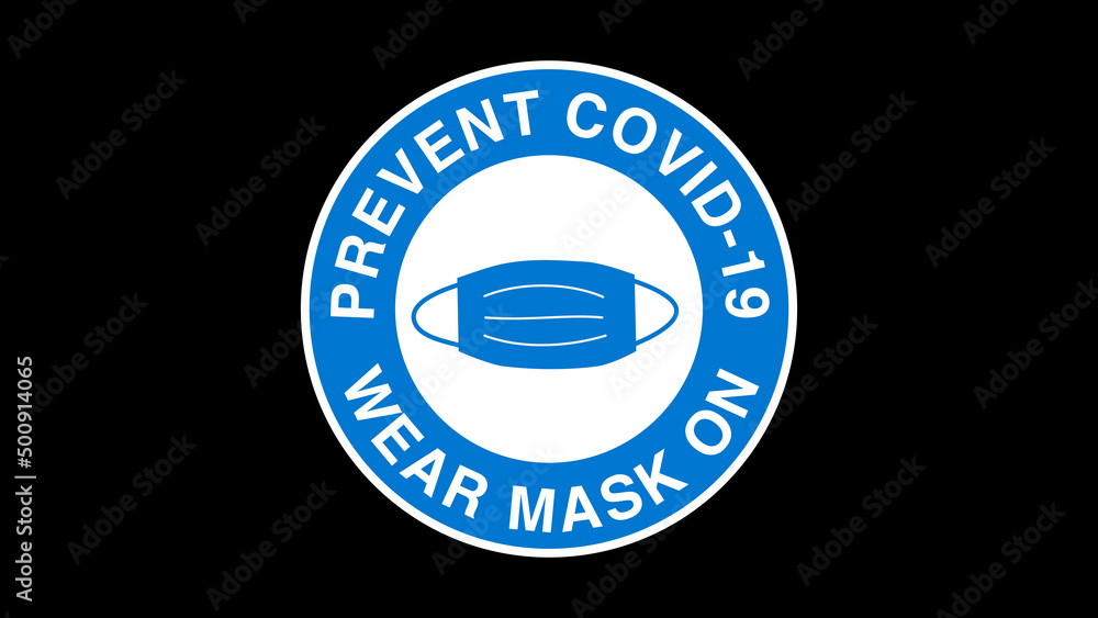 Blue Wear Mask On Signage Prevent Covid-49 Sign on Black Background Blue Wear Mask On Signage Prevent Covid-49 Sign on Black Background