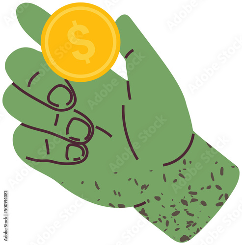 Hand holding gold money coin. Cash for payment, dollar coin, penny, kopek. Gold money for cash payment. Pennies for transactions with money. Currency in human hand isolated on white background