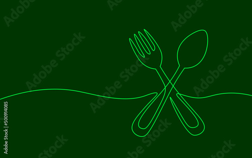 One line spoon fork gastronomy concept. Continuous lineart tasty soup cook dish. Delirious dining restaurant cuisine vector illustration
