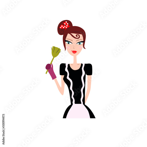 Cute Cleaning Maids Art Illustration isolated on white. COLORFUL CARTOON MAIDS