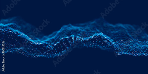 Dynamic blue particle wave. Abstract sound visualization. Flow digital structure. Mesh landscape or grid data technology.