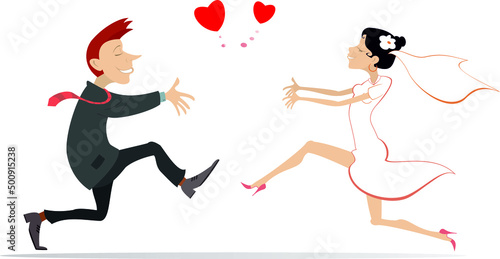 Cartoon married wedding couple. Heart symbols.
Happy man and woman with open arms running to meet one another isolated on white background
