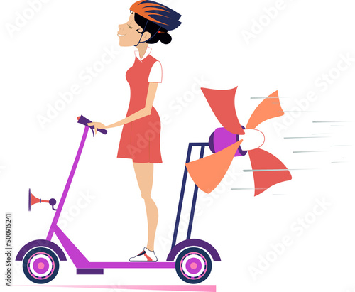 Cheerful woman in helmet rides on scooter illustration. Smiling young woman rides on an ecologically clean urban vehicle tries to ride faster using a propeller isolated on white background
